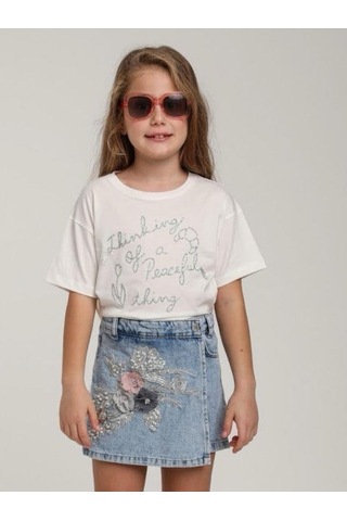Escabel Kız Çocuk Pamuklu Yuvarlak Yaka Yarım Kol Simli T-shirt-15662 Beyaz