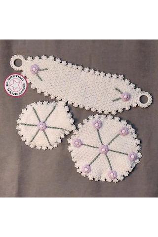 Uretti - Kenan 2196 - 0895 El Örgüsü Eflatun Çiçek Motifli Beyaz 3'lü Lif Seti