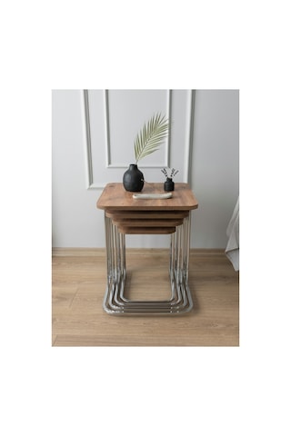 Renlife Zigon Sehpa Takımı 4'lü Metal Tekerlekli Mdf Modern Salon Oturma Odası Sehpası Krom Ceviz