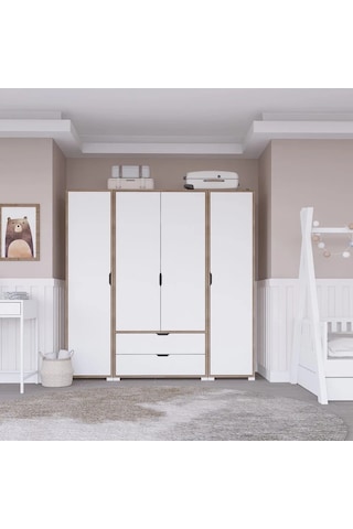 Nisan Açık Ceviz-beyaz 4 Kapılı 2 Çekmeceli Elbise Dolabı - Gardırop Seti Açık Ceviz & Beyaz