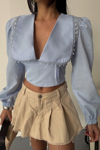 Crop Poplin Gömlek Yaka Kenar Dantel Detaylı - Bebe Mavi Mavi