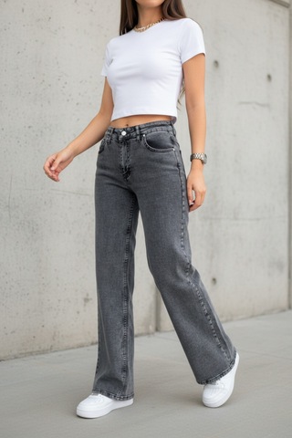 Woddi Nova Kadın Yüksek Bel Füme Salaş Jeans Wide Leg Geniş Paça Palazzo Kot Pantolon