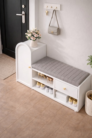 Kidy Woody Modern Oturaklı Puflu Ayakkabılık Beyaz Çok Amaçlı Antre Dolabı 120x40x70 Cm - Mdf Kapaklı