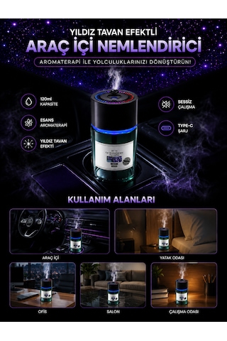 Araç İçi Hava Nemlendirici 120ml Yıldız Tavan Efektli Sessiz 300mah Şarjlı Araba Kokusu