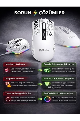 Kablosuz Oyuncu Mouse 24000 Dpı 1000hz Rgb Şarj İstasyonlu Dijital Göstergeli Gaming Mouse Beyaz
