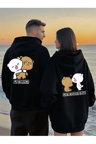 Nevermınd Sevgili Kombin Hoodie Çift Sweatshirt - Çiftlere Özel Ayıcık Baskılı Pair Perfect Siyah Siyah