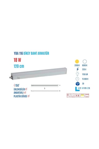 Ycl Yba-116B 18W 120Cm Beyaz Led Bant Armatür Beyaz