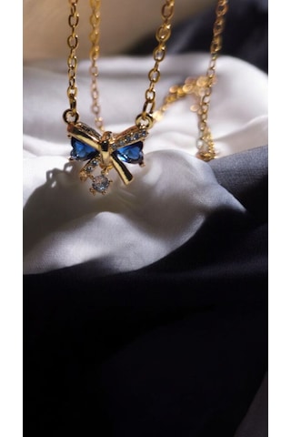 Mavi Taşlı Altın Renk Papyon Figürlü Kolye Zarif Ve Şık Kadın T