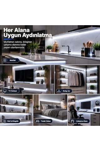 Şerit Led Kumandalı Dimmerli 5 Metre Mutfak Dolabı Tezgah Altı Aydınlatma Led Işık Sb-6557 Beyaz