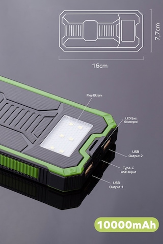 Deji Güneş Enerjili Solar 10000 mAh Led Işıklı Taşınabilir Şarj Cihazı Powerbank Yeşil