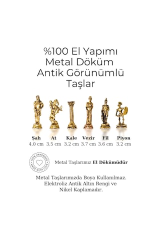 Mc102 Satranç Takımı 25x25cm - Bizans Figürlü Metal Taşlar Gerçek Ağaç Tahta El Yapımı Hediyel