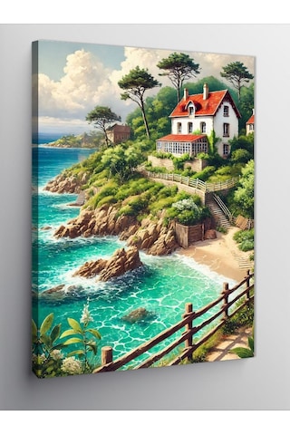 Kanvas Tablo Deniz Kıyısında Ev Ve Manzara 50cmx70cm