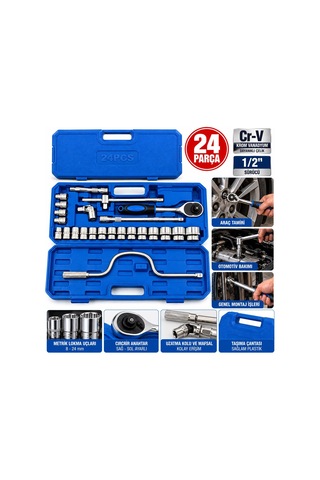 Krt-1171 Lokma Takımı 24 Parça 1/2 İnç Krom Vanadyum Cırcır Kollu Metal Çantalı