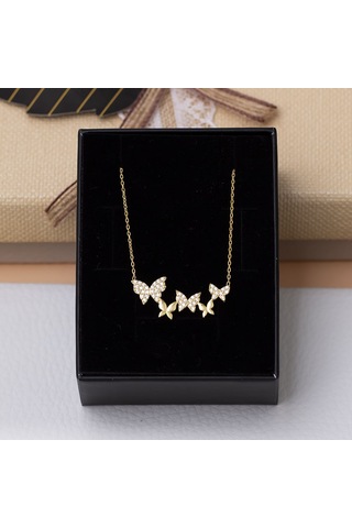 Kelebekler Model Zirkon Taşlı Gold Rengi 925 Ayar Gümüş Kadın Kolye