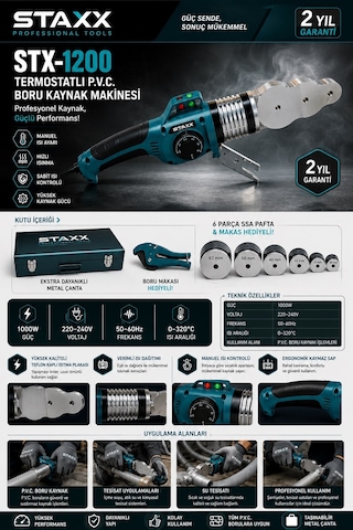Staxx St1200pp Usta Serisi Pvc Boru Kaynak 1000w 20-63mm Tam Set Profesyonel Kaynak Makinesi Ayarlı