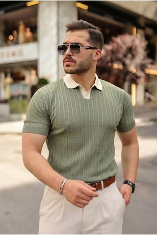 Efnaz Style Erkek Yaka Detaylı Desen Dokulu Triko Tişört Çağla Yeşili