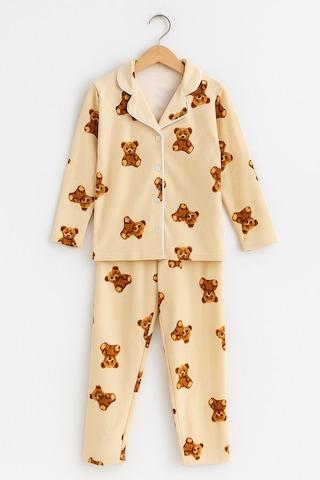 Beka Kids Ayıcık Desenli Uzun Kollu Önden Düğmeli Gömlek Yaka Kız Çocuk Pijama Takımı %100 Pamuklu Bej