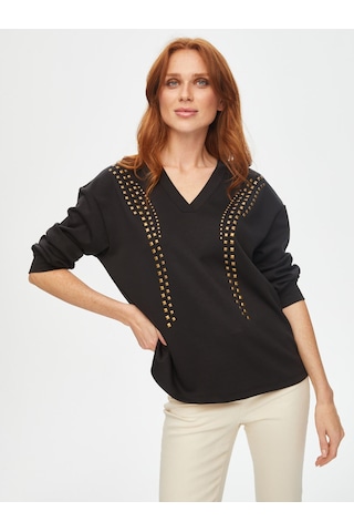 Önü Trok Taşlı V Yaka Sweatshirt 69509 U6950910 Siyah