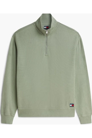 Tommy Hilfiger Relaxed Waffle Label Half Zip Erkek Yeşil Sweatshirt-16109