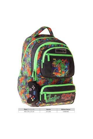 Kaukko Kids Erkek Çocuk Street Dinazor Baskılı Street Altı Bölmeli İlkokul Sırt Çantası - L5414 Çok Renkli