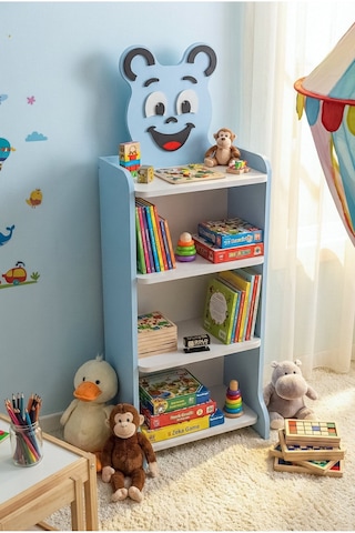 Reyo Falez Çocuk Kitaplık Happy Face 4 Raflı, Sevimli Figürlü Düzenleyici Raf Sistemi - 8026 Mavi