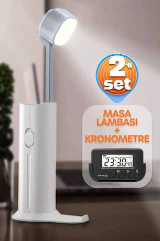 2li Set Şarjlı Masa Lambası + Kronometreli Öğrenci Saati Renk Ayarlı Ders Çalışma Okuma Lambası 975 Beyaz