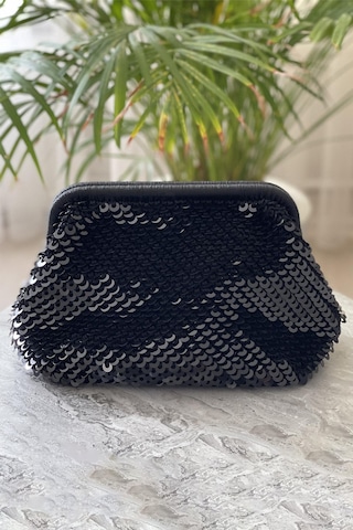 El Yapımı Siyah Pullu Parlak Örgü El Çantası Siyah
