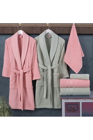 Hobby Casual 6 Parça Aile Bornoz Seti-pembe Su Yeşili