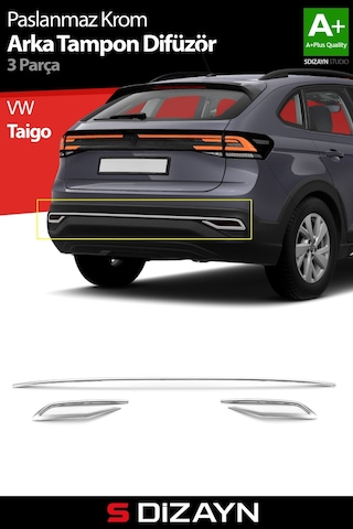 S-dizayn Vw Taigo Krom Arka Tampon Difüzör Çıtası 3 Prç. 2020 Üzeri A+ Kalite