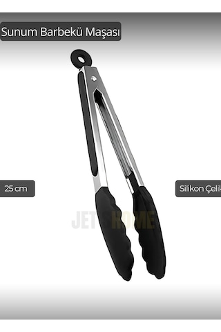 Sunum Maşası Barbekü Maşası Mangal Maşa Silikon Salata Maşası Siyah 25 Cm