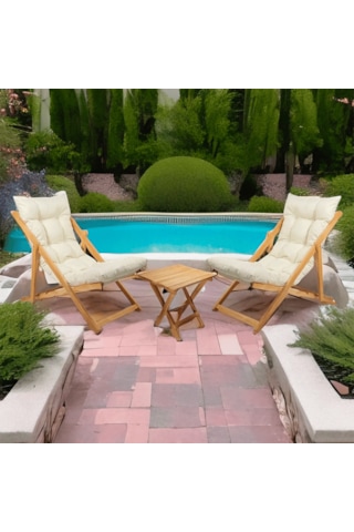 Reyo Ahşap Katlanabilir Taşınır Puf Minderli Şezlong Balkon Sandalyesi Takımı 3 Lü Set Krem