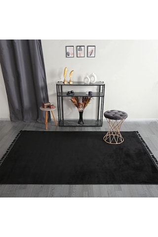 Siyah Fluffy Düğüm Saçaklı Post Peluş Halı Kaymaz Taban