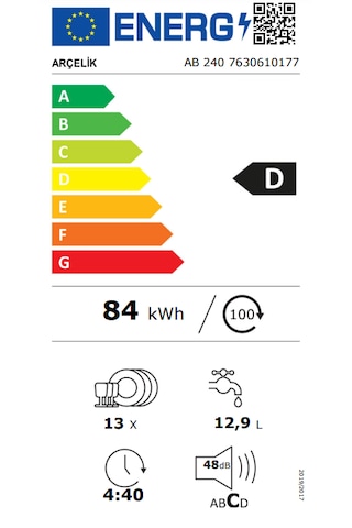 Arçelik AB 240 4 Programlı 13 Kişilik D Enerji Sınıfı Ankastre Bulaşık Makinesi