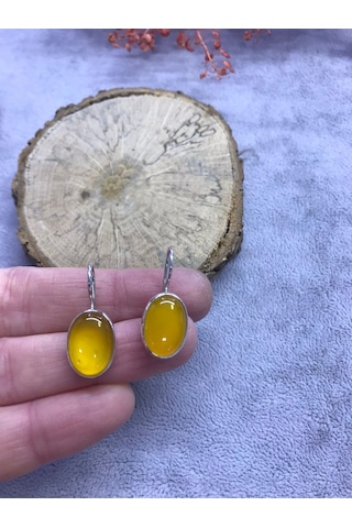 Sarı Akik Taşı Gümüş Küpe 925 Ayar Doğal Taş