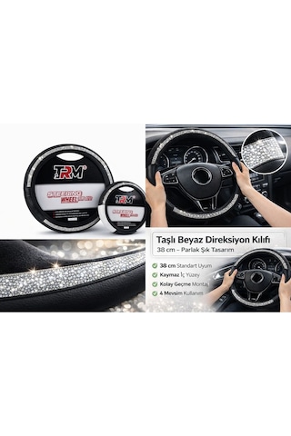 Beyaz Taşlı Direksiyon Kılıfı - 38 Cm - Parlak Şık Tasarım Çok Renkli