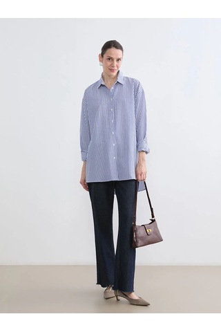LC Waikiki Mavi Çizgili Oversize Poplin Kadın Gömlek Tunik