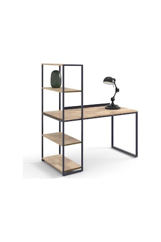 Dou Metal Raflı Masif Panel Doğal Ahşap Çalışma Masası Siyah
