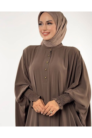 Düğme Detaylı Yarasa Kol Medine İpeği Cilbab Kahverengi