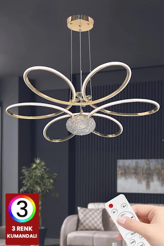 Fuzon Orkide Rose Gold Kaplama Led Avize Büyük Salon Avize 3 Renk Kumandalı Avize Rose Gold