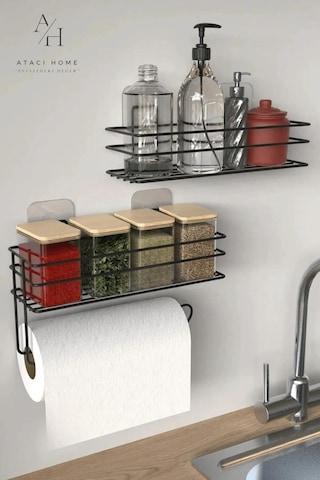 Atacı Yapışkanlı Pratik Şampuanlık 2li Metal Kağıt Havluluk Siyah Stantlı Şık Banyo Rafı Siyah