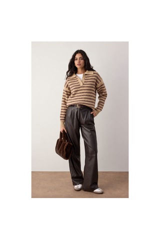 Maison Velora Kadın Camel Çizgili Basic Oversize Polo Yaka Yarım Pat Düğmeli Triko Kazak-27aj002 Bej 923050279 Bej
