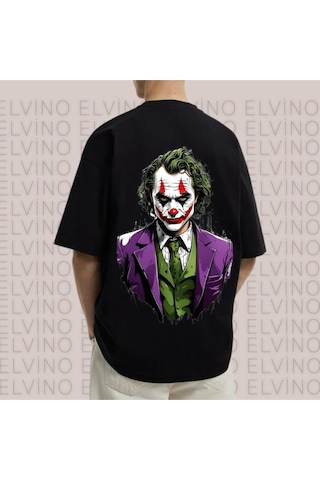 Noıssey Siyah Joker Baskılı Oversize Unisex Kadın/erkek Siyah Bisiklet Yaka