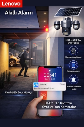 W11c-z 3 Lensli 4g Sım Kartlı 360 Ptz Solar Güvenlik Kamerası Güneş Panelli Gece Görüşlü Dış Mekan