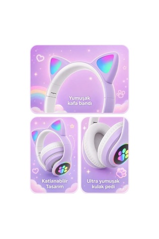 Premium Bluetooth Kulaklık Kulak Üstü Hd90 Mor Taşınabilir Oyun Tarz