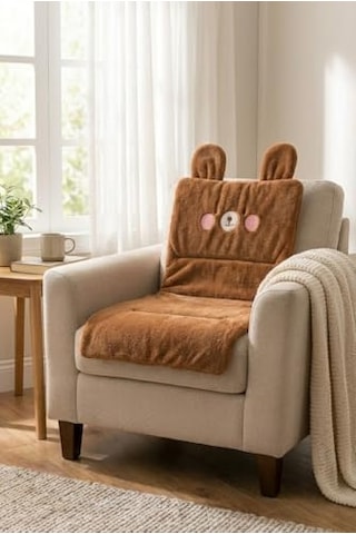 Orret Home Ayıcık Emojili Peluş Sandalye Ve Koltuk Minderi 65x42 Cm, Lastikli Sırt Destekli Minder, Yumuşak Peluş Kumaş, Arkası Lastikli Tasarım, Ev Ve Ofis Sandalyeleri İçin Oturma Minderi Kahve Açık Altın