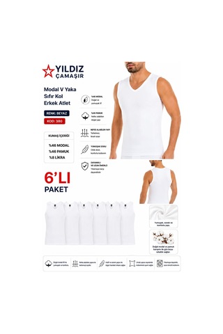Yıldız Çamaşır Erkek Modal V Yaka Sıfır Kol Likralı Fanila Atlet 380-381 - 6 Adet Beyaz