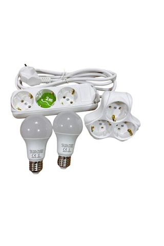3'lü Grup Priz 2 Metre + 3'lü Yonca Çoğaltıcı Priz Ve 2 Adet 11w Led Ampul Seti