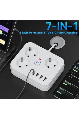 Motion003 7si 1 Arada Guc Seridi 3 Ac Cikisi 3 Usb Baglanti Noktasi 1 Tip C Aşiri Yuk Korumasi Siyah 3 05 Metre Uzatma Kablosu Ev Ofis Seyahat Icin