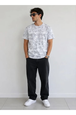 Defymoda Erkek Batik Desenli Tişört Bisiklet Yaka Kısa Kol Regular Fit T-shirt - Gri