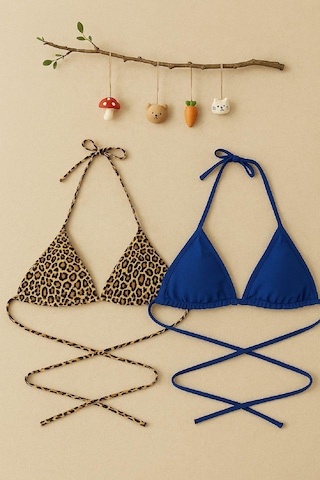 Angbutik Kadın Leopar Desenli Ve Mavi Minimal Kesim Üçgen Bikini Üstü Çok Renkli